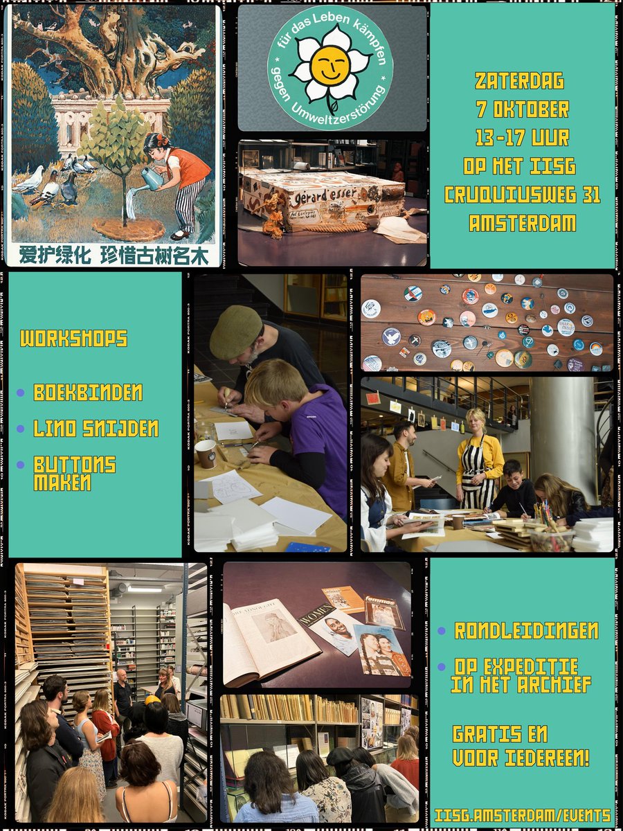 7 oktober openen wij de deuren voor iedereen die zin heeft om het IISG te ontdekken! De hele dag zijn er rondleidingen in de depots, archiefexpedities voor kinderen en er zijn workshops boekbinden, lino snijden en buttons maken. Gratis en voor iedereen! iisg.amsterdam/en/events