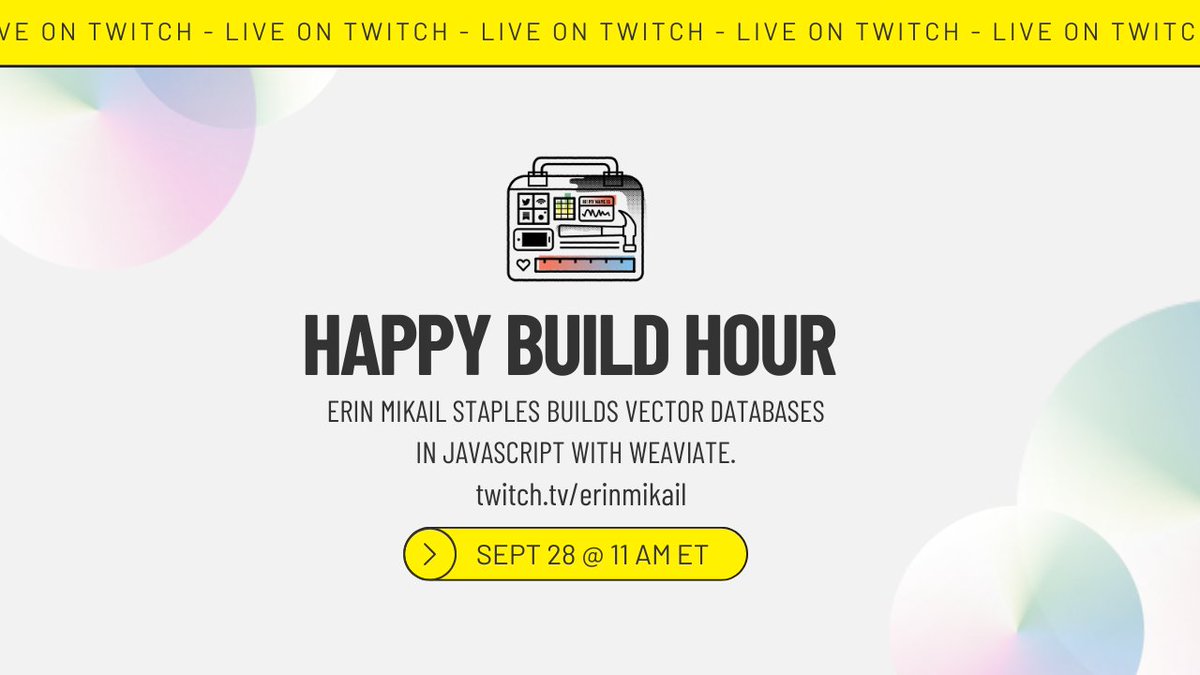 Let's build VECTOR DATABASES! 
(and geek out about them + why they're so cool)

~ 1 hr on <a href="/Twitch/">Twitch</a> 

I'll be setting up a vector database using <a href="/weaviate/">Aviate-Sniping</a> in this beginner-friendly stream, and I’ve got a dataset prepped if you want to join me and follow along!

⬇ link below