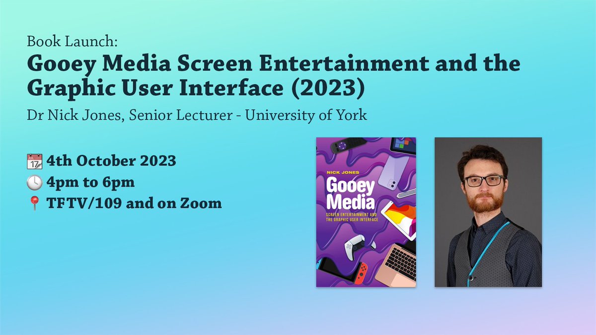 🗓️4th October 2023 at 4pm | TFTV/109 &amp; Zoom, we'll host the first ACT Research Seminar of the season!
<a href="/nphjones/">Dr Nick Jones (no DLC)</a> will present his new book "Gooey Media: Screen Entertainment and the Graphic User Interface" (2023, <a href="/EdinburghUP/">Edinburgh University Press</a>).
More information here ▶️ bit.ly/3teofSr