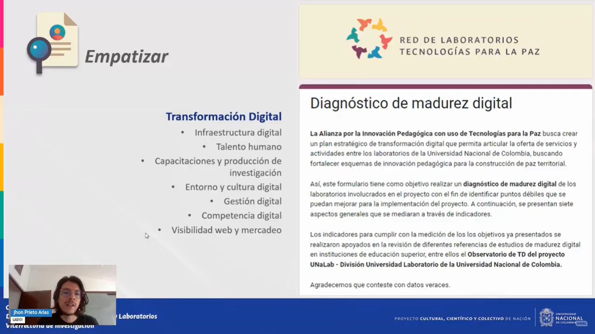 VRIUNAL's tweet photo. @DollyMontoyaUN @UNALOficial @TelevisionUNAL @CamiloYounes @DIEB_UNAL @DieUNMed @DirLabSedeBog @UNdeLaPaz @MariaDelR11 @INMdeColombia @MedellinUNAL Jhon Prieto Arias expone la articulación de @Lab101UNAL con otros #LaboratoriosUNAL en la «Alianza por la innovación pedagógica con uso de tecnologías para la Paz».
🔴📡EN DIRECTO #GESLAB2023, hablemos de #LaboratoriosUNAL (día 2): https://t.co/zC56EZLTGo #UNAL https://t.co/UCKnSpw8yC