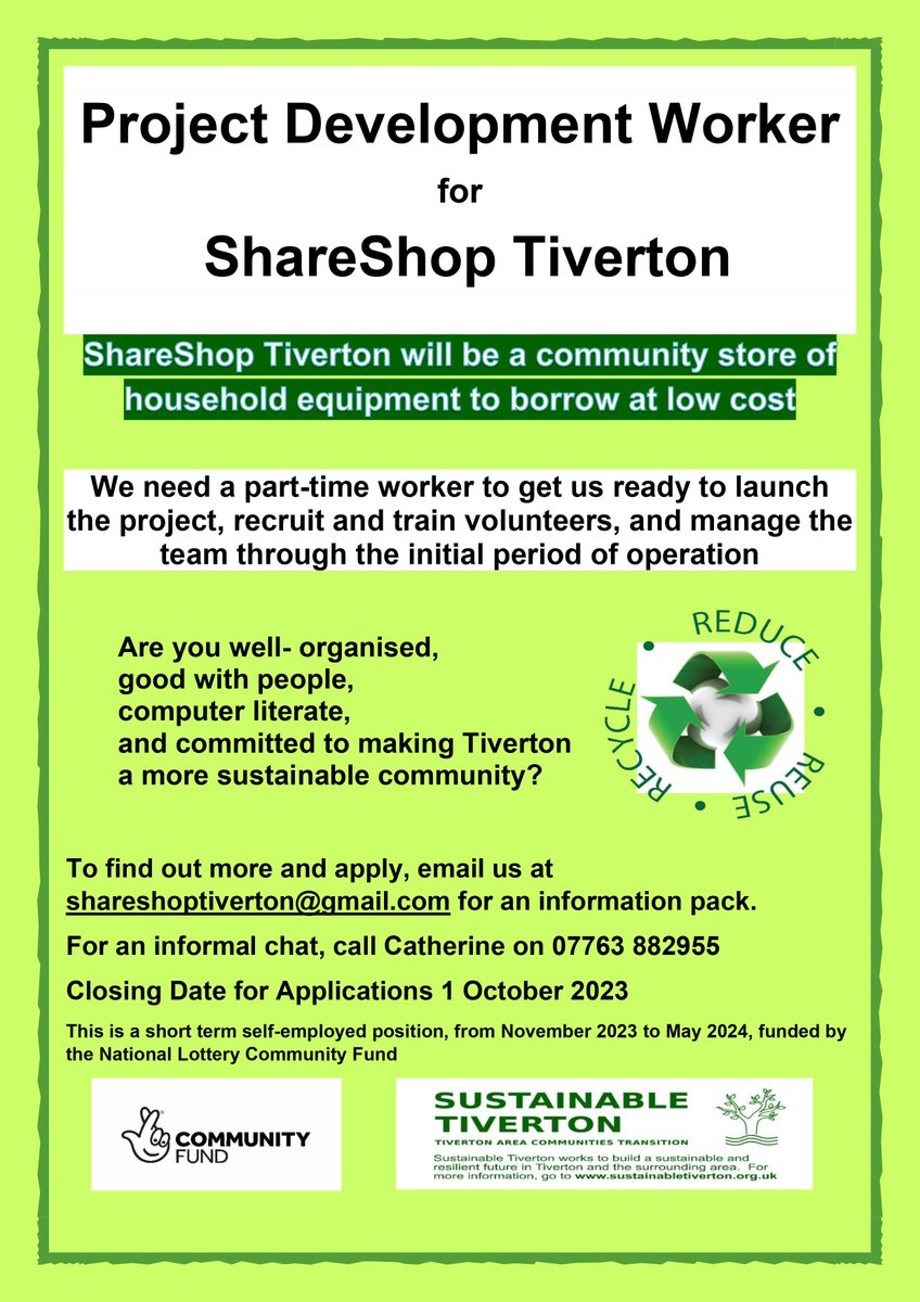 Our sister Transition initiative Sustainable Tiverton is recruiting a part time project development worker for the new Share Shop. Exciting role! Apply by Sunday October 1st