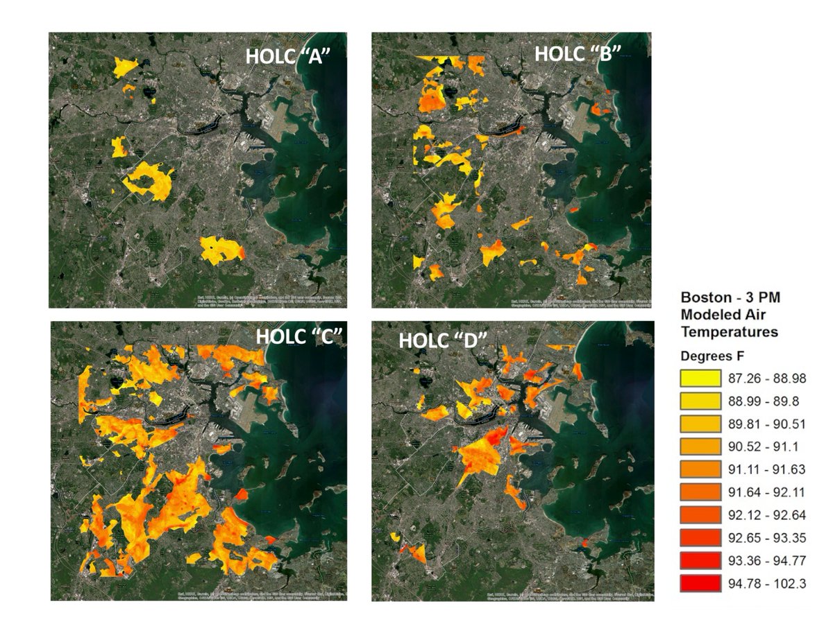 @alison_bowden <a href="/KHayhoe/">Prof. Katharine Hayhoe</a> <a href="/nature_org/">The Nature Conservancy</a> <a href="/RevMariama/">Rev. Mariama</a> <a href="/BostonEnviro/">Environment Boston</a> <a href="/NUMarSci/">NU Marine & Enviro Sci</a> <a href="/museumofscience/">Museum of Science</a> <a href="/MysticMyRWA/">MysticRiverWatershed</a> <a href="/GreenRootsEJ/">GreenRoots</a> <a href="/MAPCMetroBoston/">Metropolitan Area Planning Council (MAPC)</a> Our 2019 #wickedhotboston work saw 15 deg F disparities in air temp across communities - arcg.is/bn1b4 Adapting work from
<a href="/jer_science/">Jeremy Hoffman</a>, I found air temps differed greatly across historic #redlining zones. “Hazardous”(D) areas 1.9 F hotter on average than “best”(A) areas