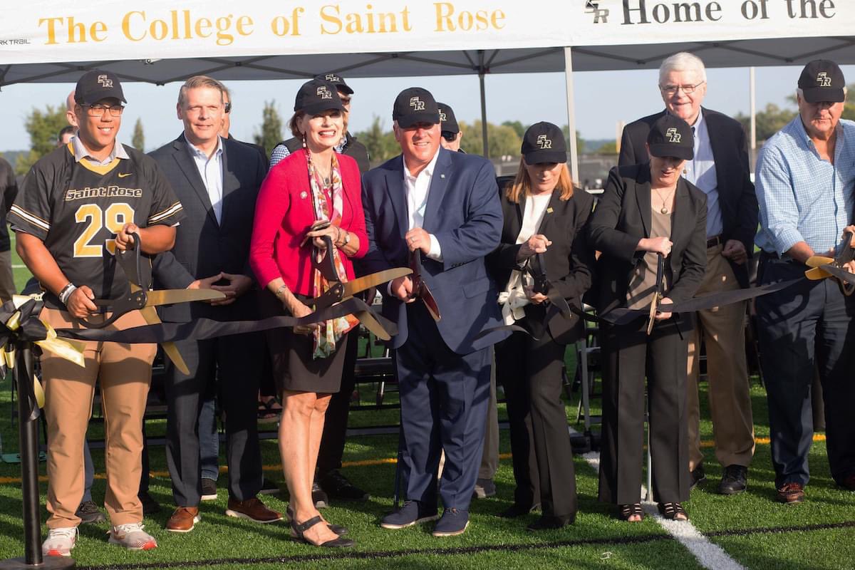 PatriciaFahy46's tweet photo. 💛🖤 Yesterday, we cut the ribbon on new turf at Sullivan Field with @CollegeofStRose — and saw our women’s soccer team win with a 7-0 shutout afterwards on the field! ⚽️

Thanks to @MayorSheehan and @MCCoyCountyExec for their investments to help make this restoration possible! https://t.co/pzg3gSJYvc