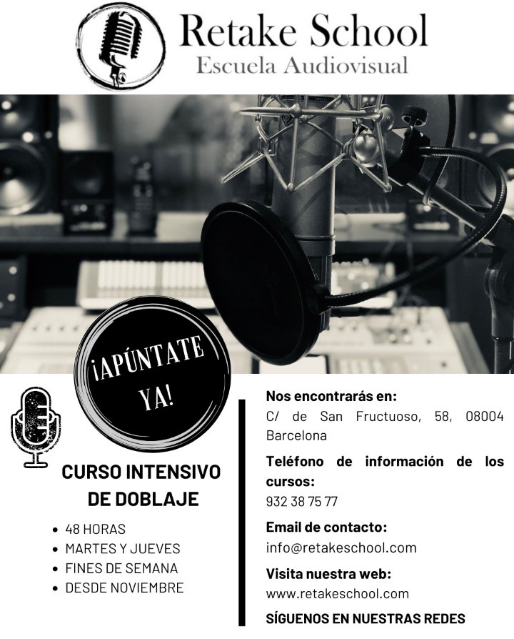 RetakeSchool's tweet photo. ¿A qué esperas? ¡Apúntate ya a nuestro curso de doblaje intensivo con gran profesorado!🎧

Incluye:
-48 horas
-Martes y Jueves tarde
-3 fines de semana
-Desde Noviembre.

#cursodedoblaje #doblaje #escueladedoblaje https://t.co/BkYuQ0vuMu