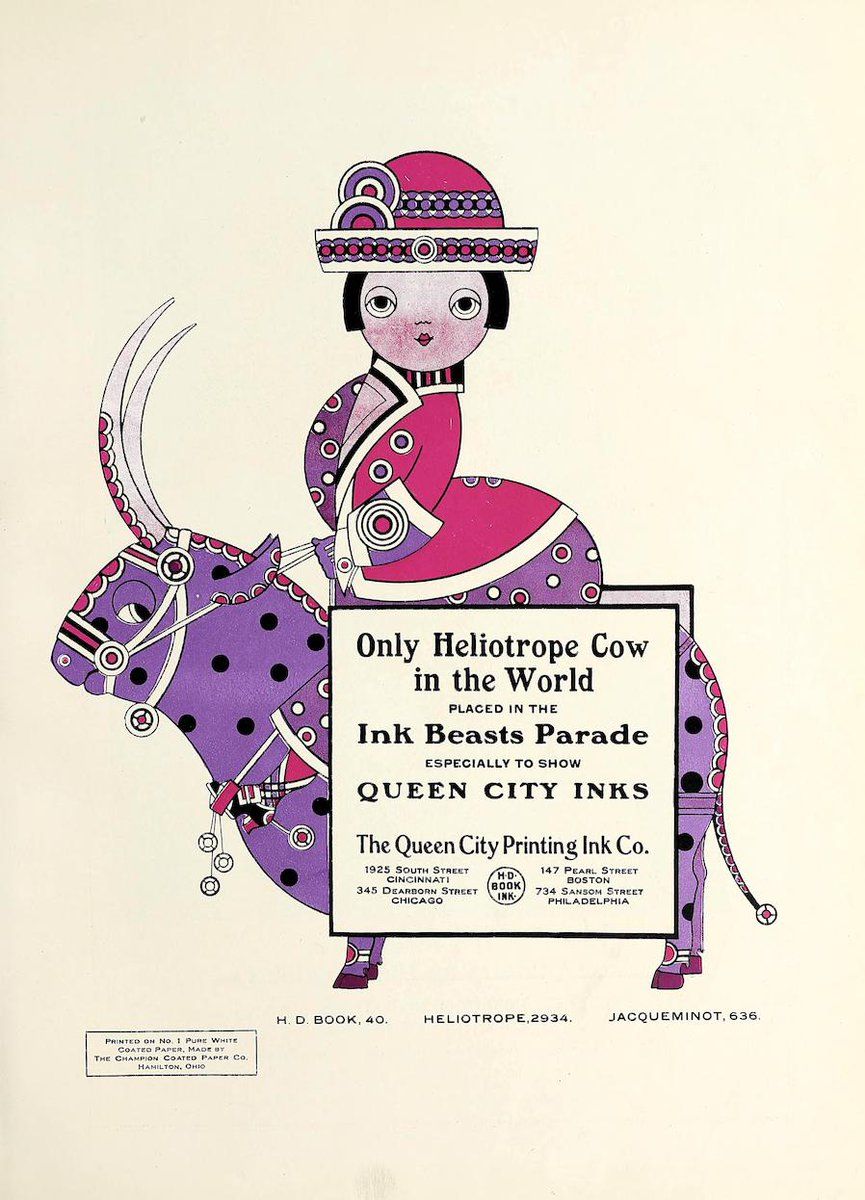 PublicDomainRev's tweet photo. From 1903 to 1907 Augustus Jansson produced more than 30 striking adverts for the Queen City Printing Ink Company, including the wonderful Ink Beasts Parade series, with its "Magenta Ponies" and "Orange-Yellow Ibexiaticus". More here: https://t.co/xIkcR5Vylj https://t.co/WkZh57Vjm0