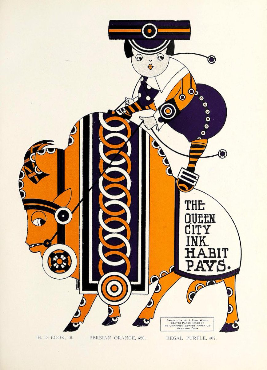 PublicDomainRev's tweet photo. From 1903 to 1907 Augustus Jansson produced more than 30 striking adverts for the Queen City Printing Ink Company, including the wonderful Ink Beasts Parade series, with its "Magenta Ponies" and "Orange-Yellow Ibexiaticus". More here: https://t.co/xIkcR5Vylj https://t.co/WkZh57Vjm0