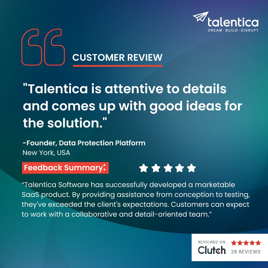 Talentica's tweet image. Product architecture and development of solution stack are crucial for core product development. We took charge of the two and helped a data protection platform achieve their goals.
.
.
.
.
.
.
#saas #saasproduct #clienttestimonial #clutch #Software #softwaredevelopment