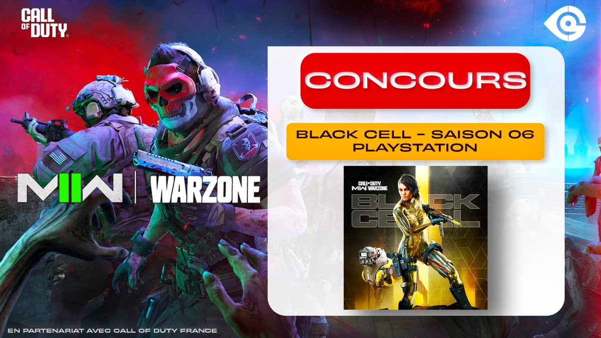 🎁 CONCOURS 🎁

Gagne 1 code BlackCell pour la Saison 06 de #ModernWarfareII &amp; #Warzone !
(PlayStation uniquement)

🔄 RT ce post
✅ Follow <a href="/CoDQG_/">CoDQG 🇫🇷 - Call of Duty FR</a>
💬 Dis-nous pourquoi tu veux le code 

En partenariat avec <a href="/CallofDutyFR/">Call of Duty France</a> - #ad
Tirage au sort le 29 septembre 2023 - 18h.