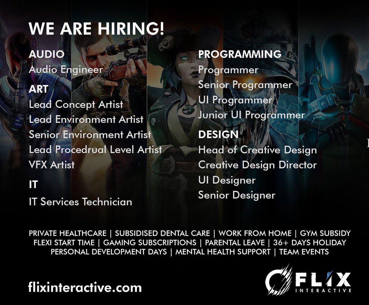 FlixInteractive's tweet photo. Looking for a career change or a new challenge, working on massive AAA games with awesome people and excellent benefits? We have open roles available across a range of disciplines! 

🔊 Audio!
🎨 Art!
💾 IT!
👩‍💻 Programming!
💻 Design!

🔗https://t.co/NMFrt3G3K0 https://t.co/GIpbYs6RwD