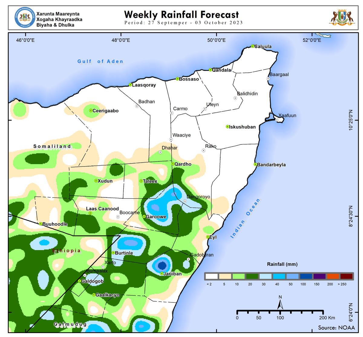 imc_puntland's tweet photo. 🌧️ Puntland Rainfall forecast, Sep 27 - Oct 4:

🌦️ Expect moderate rainfall in Mudug, Cayn, Sool, Sanaag, and Karkar regions (30-100 mm). 
🌧️ Some areas in Nugaal and Mudug may receive up to 150mm. 
🚨 Flood-prone areas in Nugaal, and Karkaar, please stay cautious until Oct 3. https://t.co/8owO3aFR6f