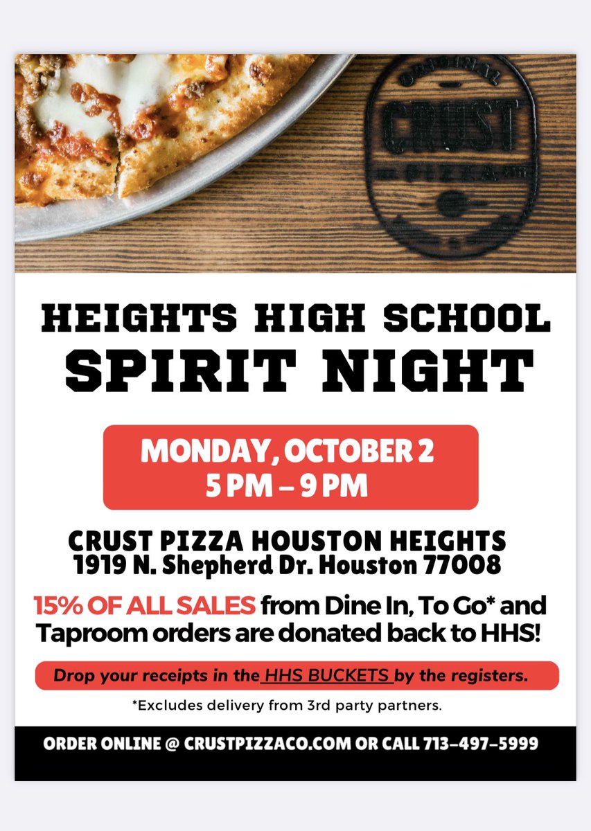 Mark you calendar for October 2nd! Support our PTO by eating at Crust Pizza! Just drop your receipt in the HHS bucket by the register, and our PTO receives 15% back from your purchase!