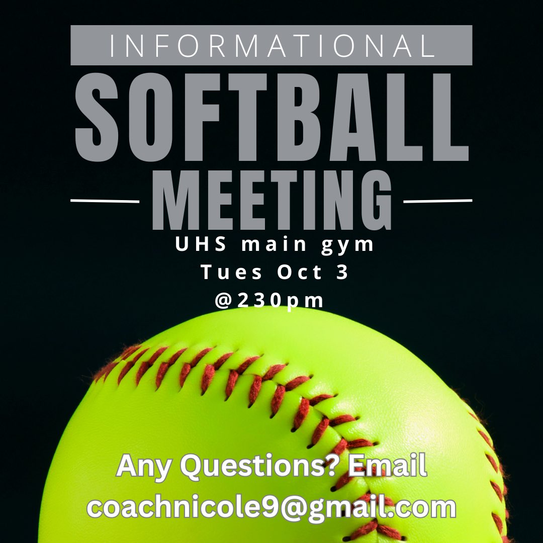 UHS_Softball (@urbanahawkssb) on Twitter photo It’s that time again!!!
Please join us this coming Tuesday Oct 3 at 230 in the main gym. The meeting will be about 30 mins and we will be discussing the upcoming season as well as fundraising.
If you are unable to attend, please email Coach Nicole at coachnicole9@gmail.com It’s that time again!!!
Please join us this coming Tuesday Oct 3 at 230 in the main gym. The meeting will be about 30 mins and we will be discussing the upcoming season as well as fundraising.
If you are unable to attend, please email Coach Nicole at coachnicole9@gmail.com