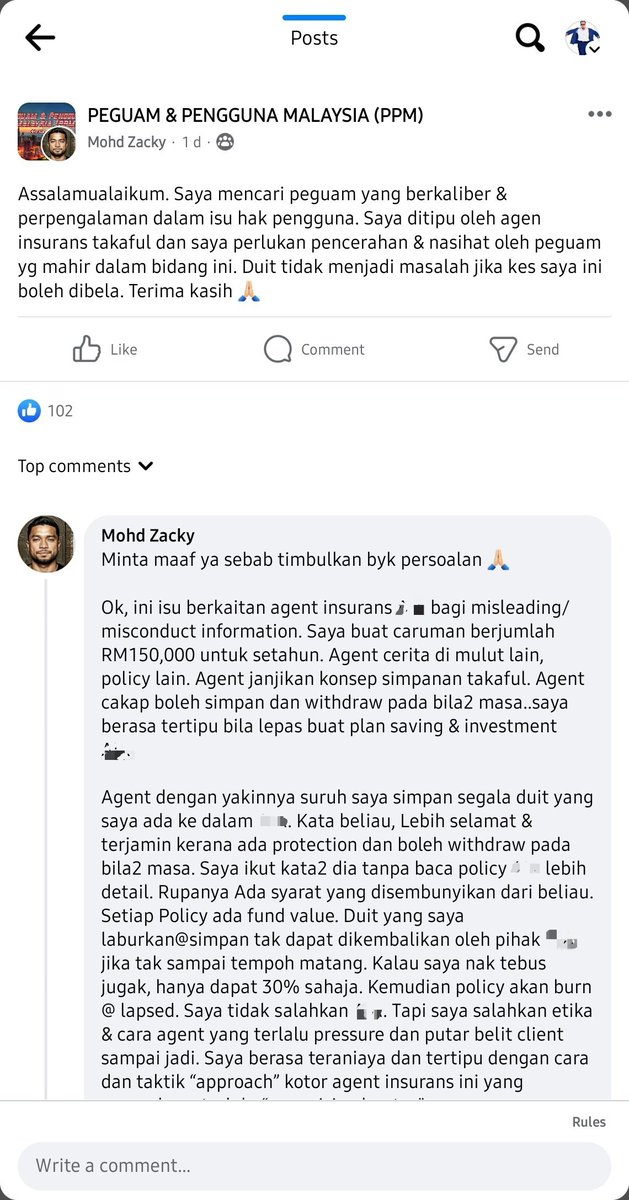 afyanIFP's tweet photo. Saya terbaca aduan ini dalam group FB Peguam dan Pengguna Malaysia (PPM).

Group ini menjadi medan untuk netizen mengadu dan berkongsi pandangan berkenaan isu-isu berkaitan undang-undang.

Screnshot yang saya kongsikan ini, seorang netizen mengadu dirinya ditipu oleh seorang ejen takaful sebanyak RM150,000 untuk melanggan sebuah produk pelaburan.

Boleh rujuk screnshot ini.

Sambungannya dalam thread seterusnya.