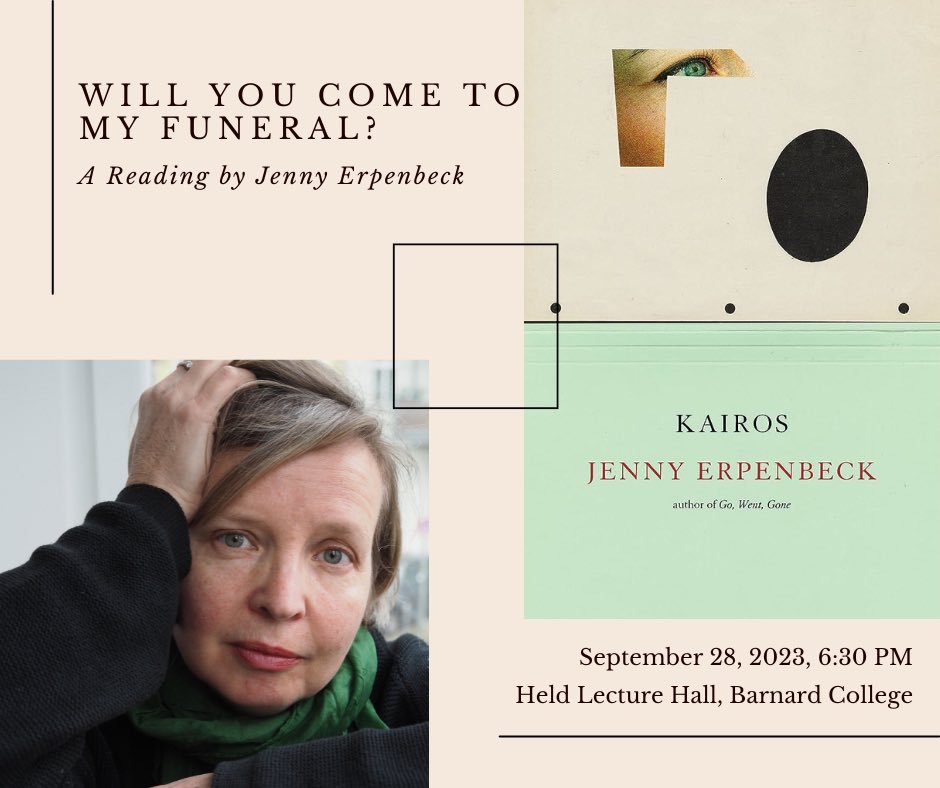 The great Jenny Erpenbeck is reading at Barnard tonight, 6:30 pm! She’ll be in conversation with <a href="/chen_ken/">Kenji</a> on KAIROS, her monumental new novel of German unification. Register here: eventbrite.com/e/writers-at-b…