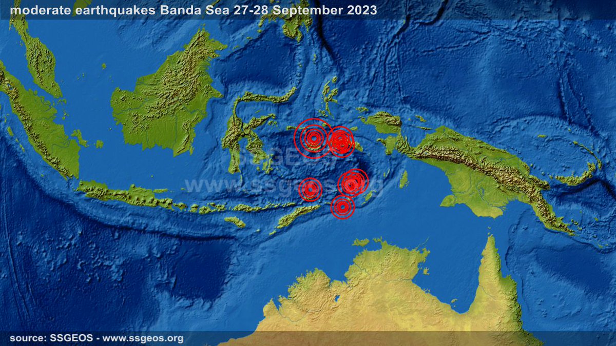 hogrbe's tweet image. Deep moderate tremors (M 4-5) occurred in the #Banda Sea yesterday and today. The Banda arc is a #subduction zone where large #earthquakes can occur. Examples are the years 1629 (M 8.8), 1852 (M8.5-8.8) and 1938 (M 8.5).