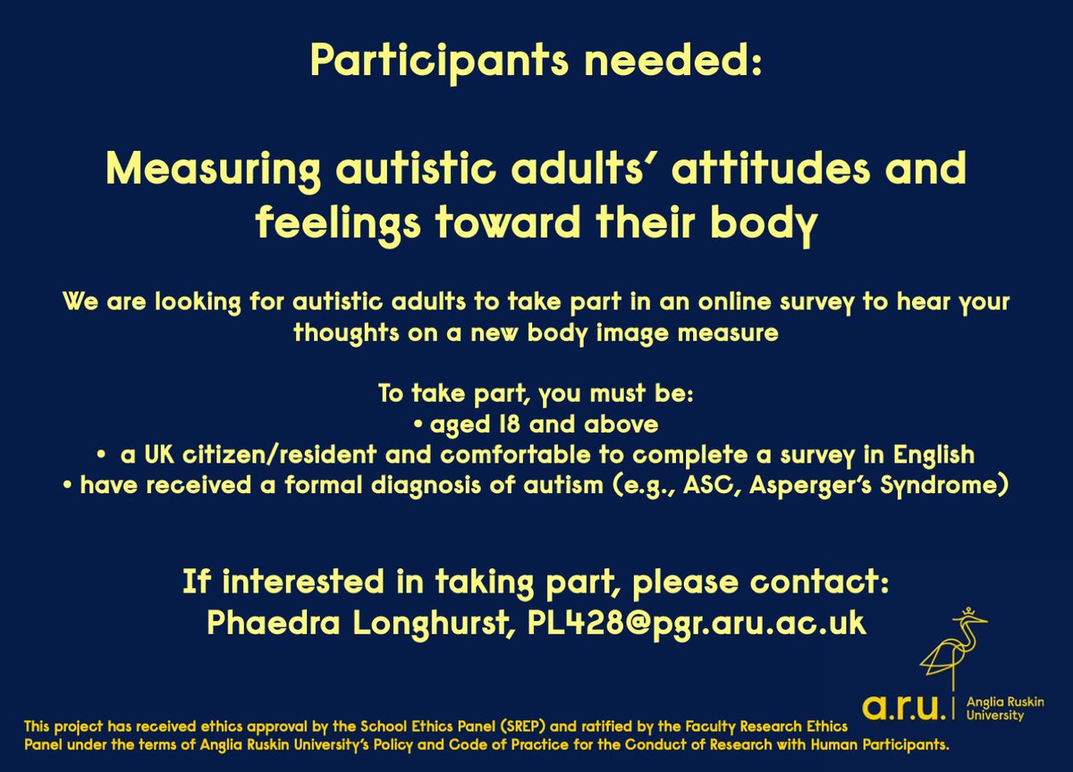 👋 I'm looking for autistic folks to complete a short online survey (approx. 10–15 mins) on measuring body image in the autistic community. Incorporating your voice is hugely important for this research! If interested, please email me: PL428@pgr.aru.ac.uk