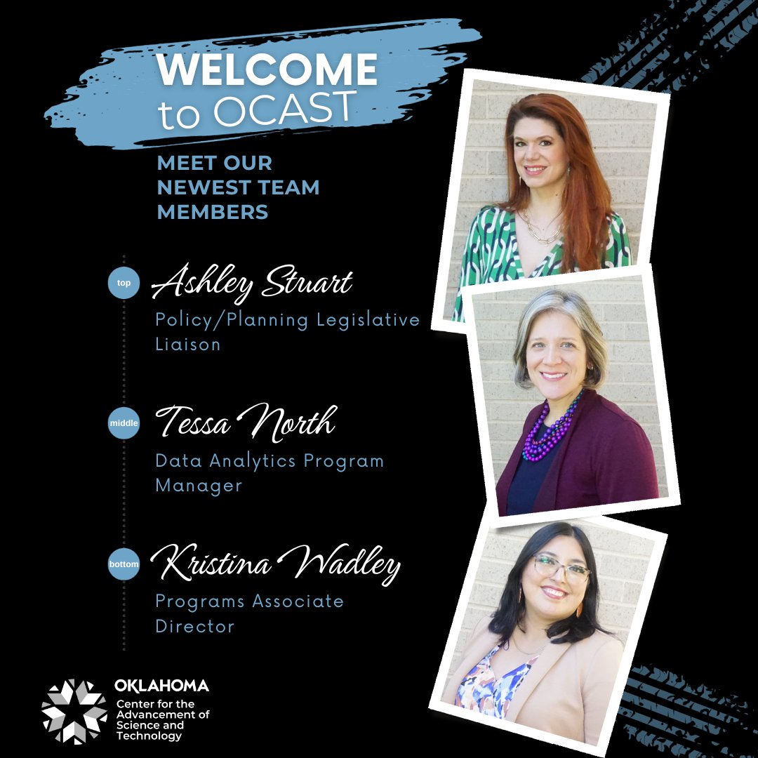 We are thrilled to welcome three exceptional professionals to the OCAST family, each bringing unique skills and expertise to our team. Ashley Stuart - Legislative Liaison; Tessa North - Data Analytics Program Manager; Kristina Wadley - Associate Programs Director #ocastok