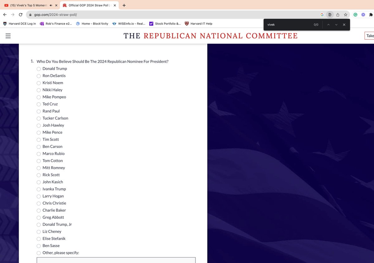 DefyingFinance's tweet photo. @VivekGRamaswamy 

Do you realize the GOP straw poll doesn't have you listed as a candidate? Unless you are channeling @randpaul. They did this to Ron Paul in 2008 and 2012. https://t.co/eZwaUEOdh3