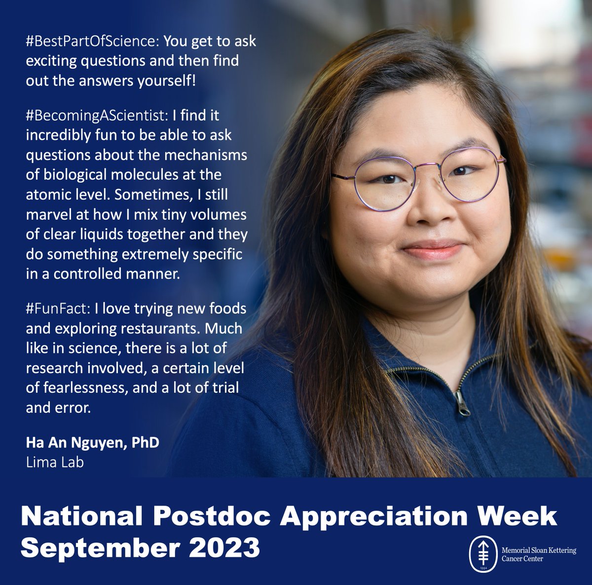 Meet #MSKPostdoc Ha An Nguyen (<a href="/haannguyen2/">Ha An Nguyen</a>) from the Lima Lab. Ha An studies how RNAs undergo quality control to ensure the cell has the correct RNAs at the correct levels to maintain cellular homeostasis.
🇻🇳#NPAW2023
