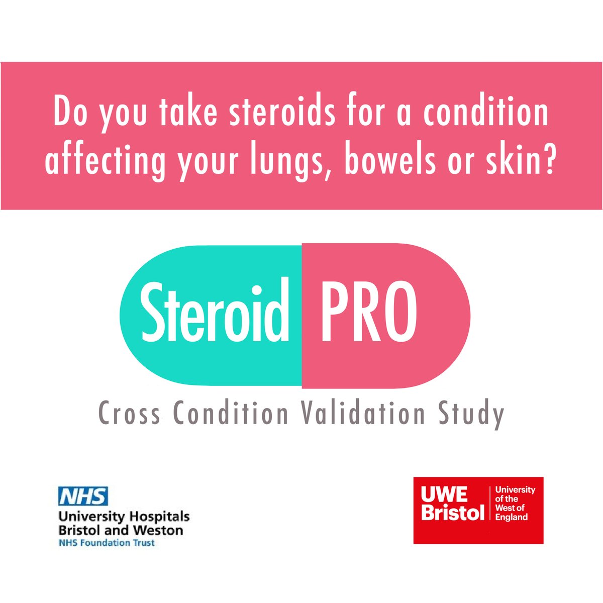 Do you live in the USA🇺🇸 &amp; take steroids for a condition affecting your lungs, bowels or skin? 
We have created a questionnaire about how taking #steroids affects people's quality of life.
We’d love to hear what you think of it.
Contact jo.robson@uwe.ac.uk <a href="/Robsonjo4/">Jo Robson</a> 
#steroidpro
