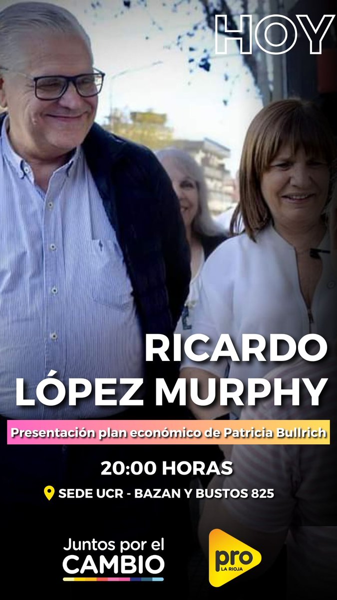 PROLaRiojaOk's tweet photo. ¡HOY!

Presentación del Plan Económico de @PatoBullrich con la presencia de Ricardo López Murphy. 

20 HORAS - Comité UCR La Rioja https://t.co/bVUJRbWQh8