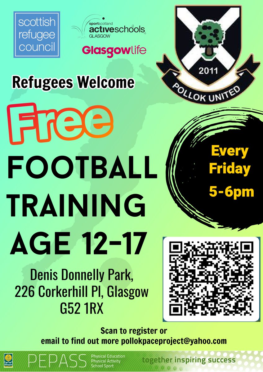 We've teamed up with our #communitysportshub partners @PollokUtdS_A and @PEPASSGlasgow to offer FREE activities for New Scots. From this Friday you can play Football & Netball plus get a snack beforehand at our homework club. More info below @sportscotland @scotrefcouncil