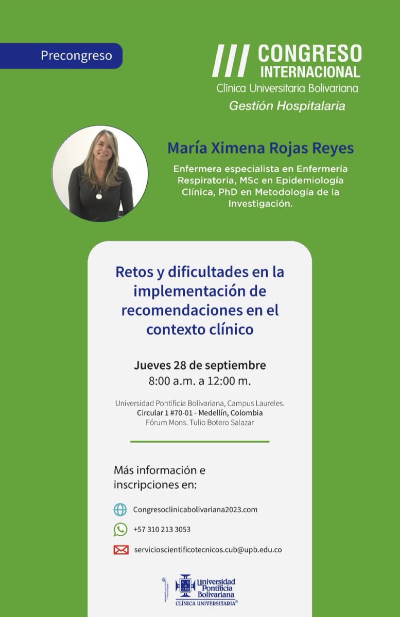 📢Hoy se da inicio al curso “Retos y dificultades en la implementación de recomendaciones en el contexto clínico”, impartido por <a href="/mariaximenarore/">maria ximena rojas</a> dentro del marco del proyecto de Living Evidence to Inform Health Decisions, en el Congreso Internacional de la <a href="/upbcolombia/">UPB</a> 📚👩‍⚕️
