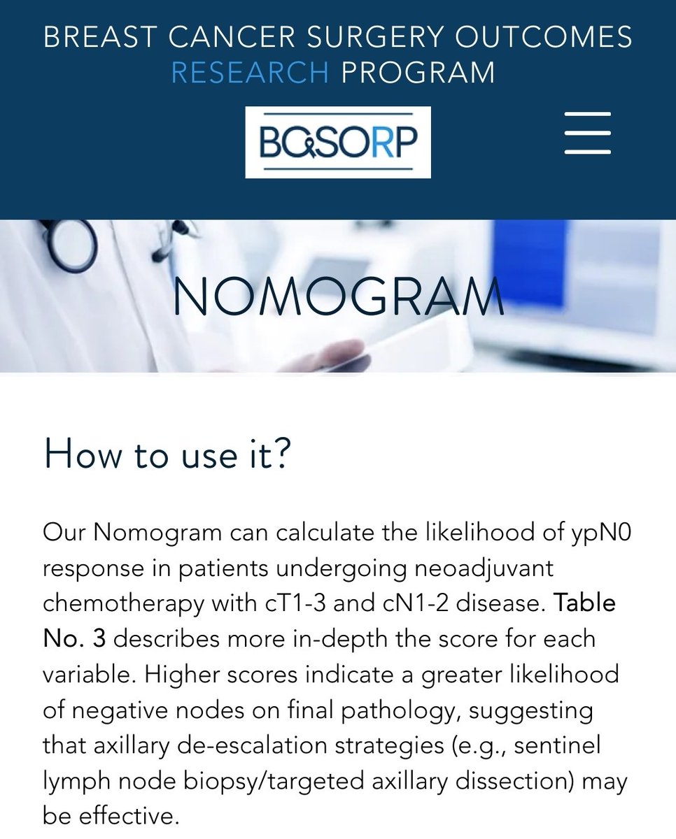 We often need to know if using neoadjuvant chemotherapy will help avoid an ALND. Our nomogram, based on a large clinical dataset, provides evidence-based, clinical decision-making support. Link to more info: bcsorp.org/nomogram 
#breastcancer 
#axillarynodes
