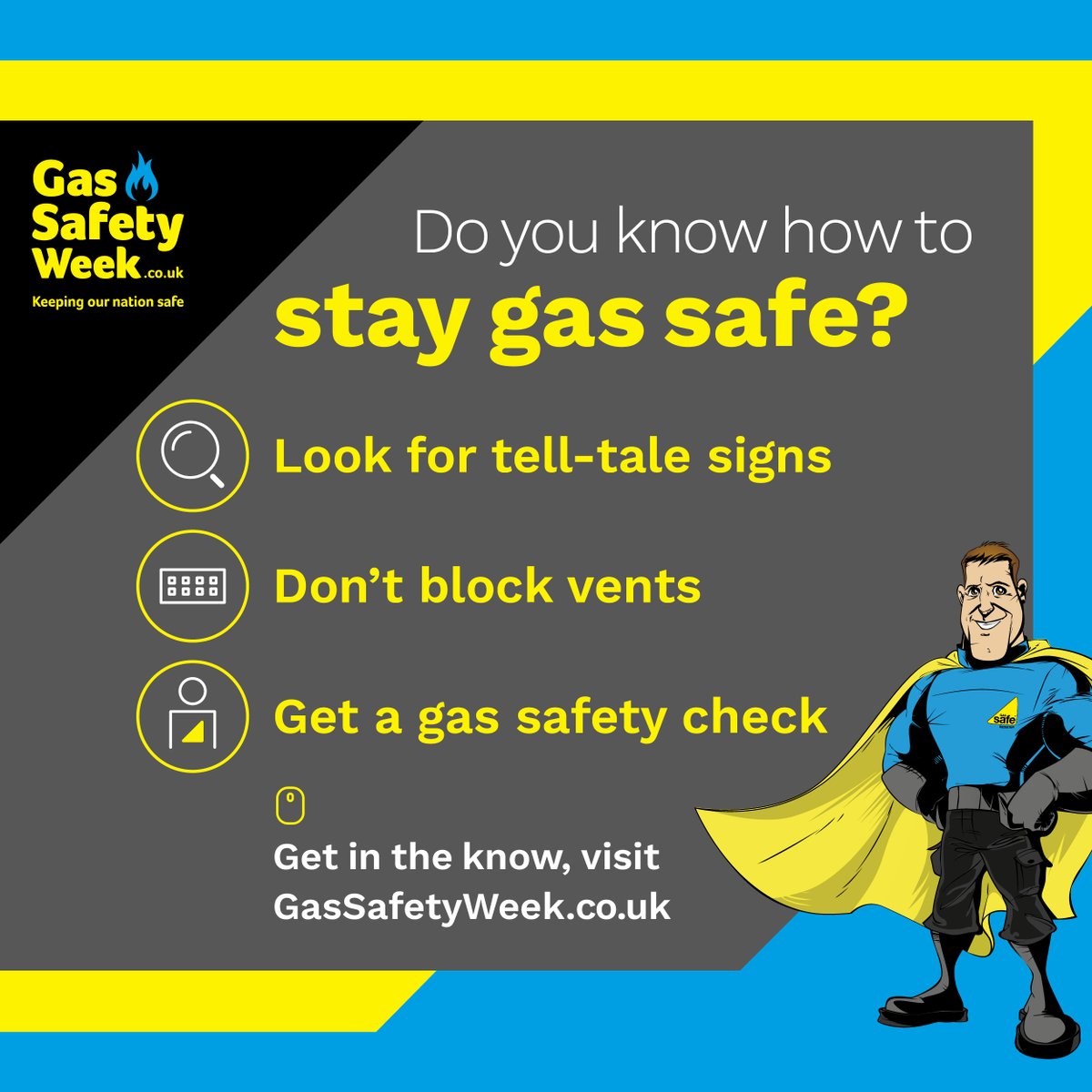 #GasSafetyWeek may be over, but it’s always good to be aware of how to keep you and your loved ones safe

✅Get a gas safety check on your appliances
💨Don't block air vents
🔥Look for lazy yellow hob flames or soot marks

Find out more at GasSafetyWeek.co.uk
#GSW23