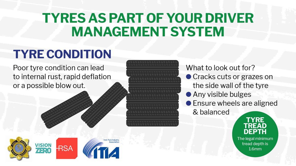 We're supporting <a href="/RSAIreland/">RSA Ireland</a> vision zero campaign. Tyre Safety Day is on October 2nd. 
Here is some things you can do to keep your loved ones safe on the roads:
⚠️Check tyres for cuts, bumps &amp; uneven wear
⚠️Check the tyre pressure 
⚠️Check the tread depth - min depth is 1.6 mm