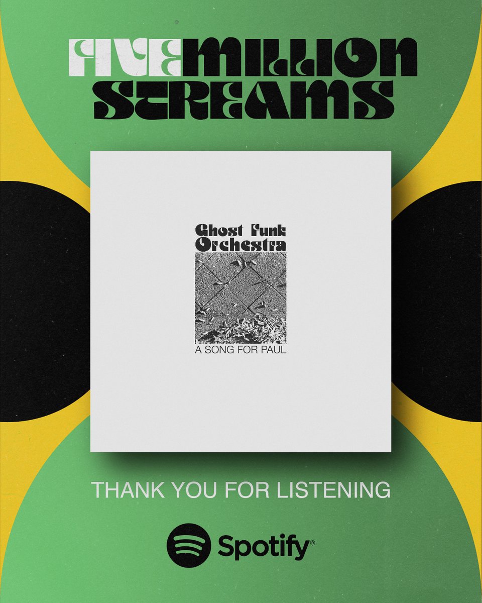 In the last two weeks, both of Ghost Funk Orchestra's first two LPs hit major milestones on @Spotify 🙌 'A Song For Paul' hit 5 Million Streams, and 'An Ode To Escapism' crossed 1 Million! Congrats to the crew! Follow & Stream: open.spotify.com/artist/5gZWu16…