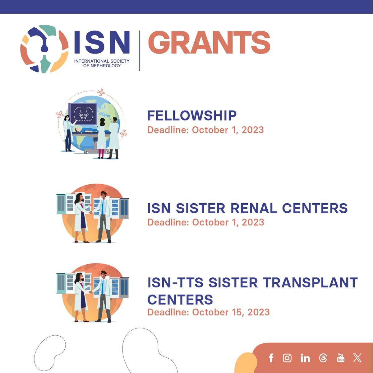 ⌛️ 𝗟𝗔𝗦𝗧 𝗗𝗔𝗬𝗦: Apply to the following ISN grant programs ow.ly/eYYQ50PQHuz and: 💥 Advance your career with specialized training 💥 Become tomorrow’s leader and shape the future direction of kidney health 💥 Build partnerships of excellence by linking with…