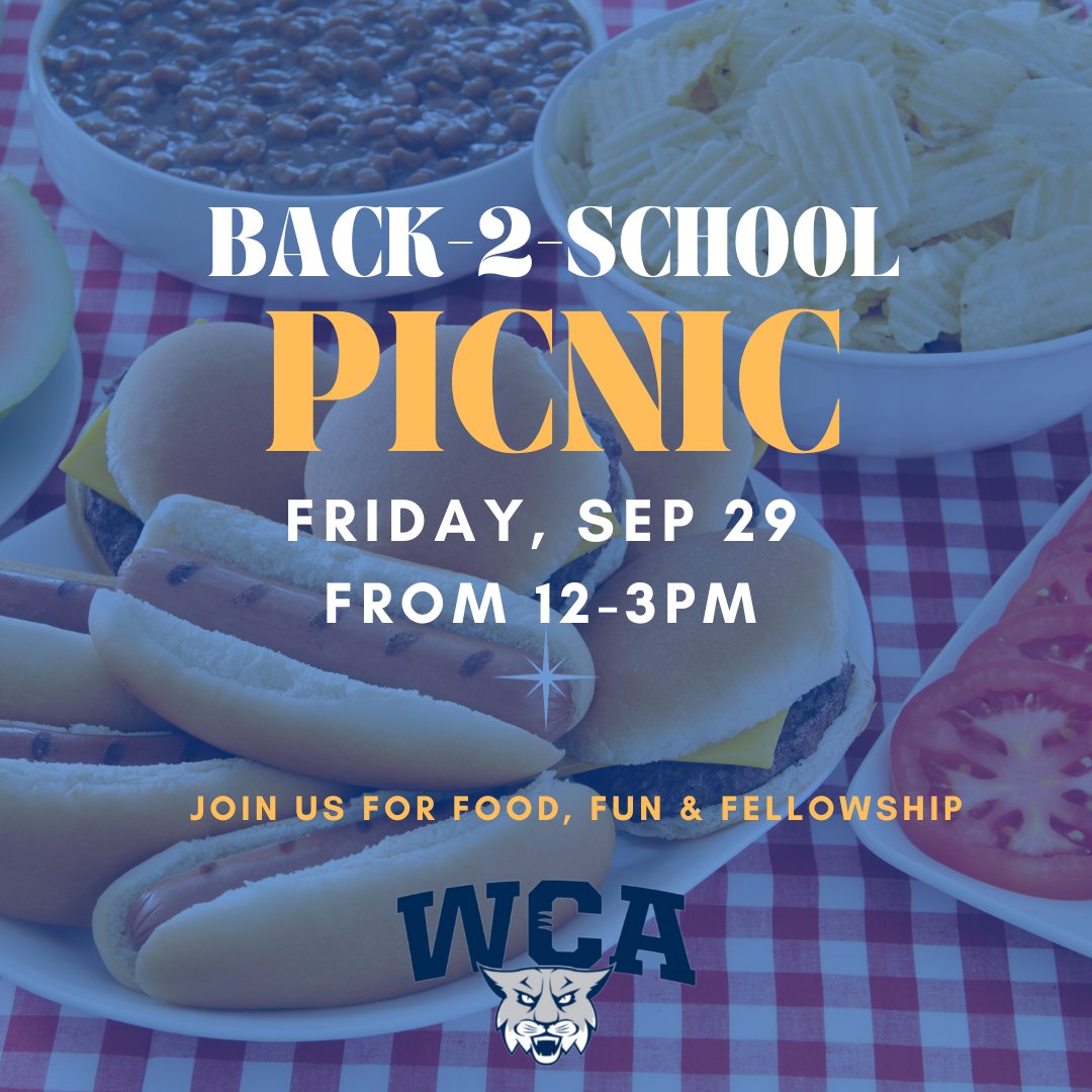 The back-to-school picnic is back on for tomorrow! Friday is a half-day. Please pick up your student and join us on the upper field for food, fellowship and fun!

New Picnic Date: Friday, September 29, 12pm-3pm. We hope to see you there!
