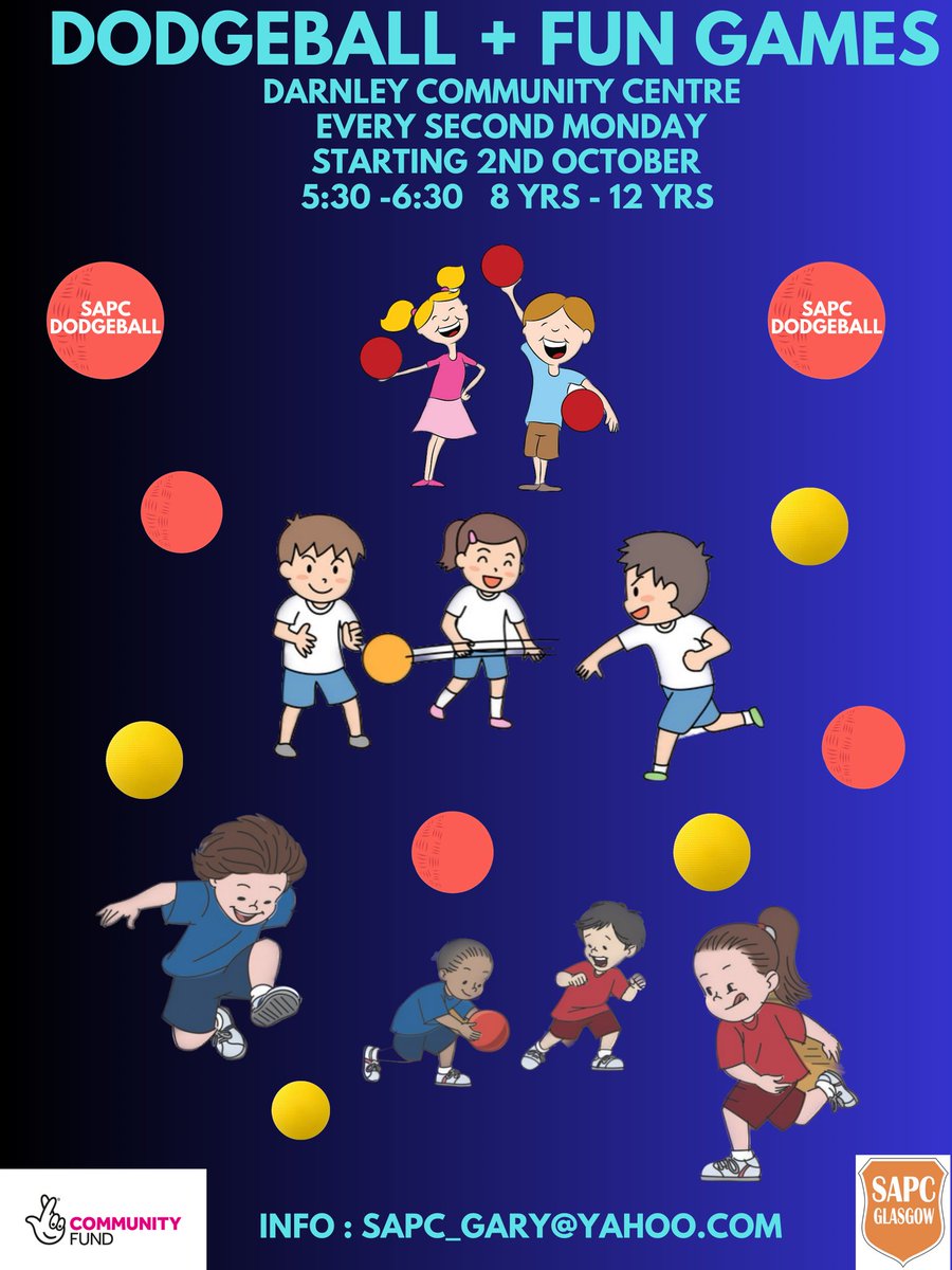 SAPC_Glasgow's tweet photo. We have space at our Dodgeball Club delivered by qualified volunteers at DarnleyCommunityCentre ❤.
This has been made possible with a grant from the National Lottery.
#registrationrequired #fun #HealthyHabits
@St_Angelas_Pri @Darnley_Primary @StAngelasPC @Darnley_PC https://t.co/RrsX2eTUo8
