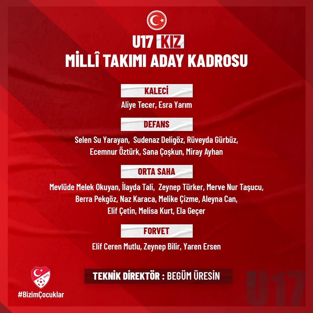 MilliTakimlar's tweet photo. Avrupa Şampiyonası B Ligi 1.tur maçlarında 6 Ekim’de Moldova, 12 Ekim’de ise Estonya ile karşılaşacak olan U17 Kız Milli Takımı’nın kadrosu açıklandı. #BizimÇocuklar 🇹🇷 https://t.co/38NDp7fOsS