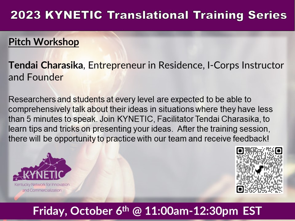 KYNETIC_hub's tweet image. Need to learn the best way to pitch your idea or research in less than 5 minutes? Join Tendai Charisika and KYNETIC October 6th @ 11am. For the KYNETIC Pitch Workshop!
bit.ly/3t5MNx1 @uky_innovate @UofLInnovate @CommercializeKY #innovation #KYNETIC #entrepreneurs