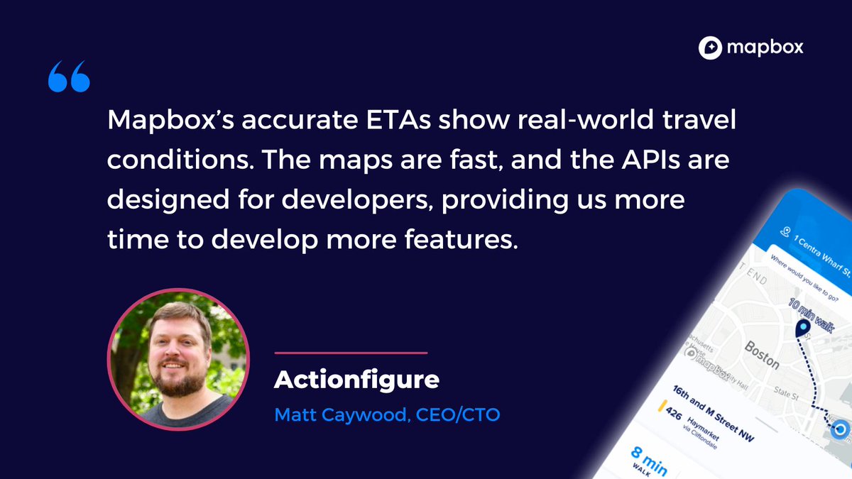 Actionfigure builds with the Mapbox Directions API for accurate ETA data. 🚗 🚙 🚕 

Learn more about @actionfigureai: buff.ly/3JN7i6O

#BuiltWithMapbox #traveltime #locationintelligence