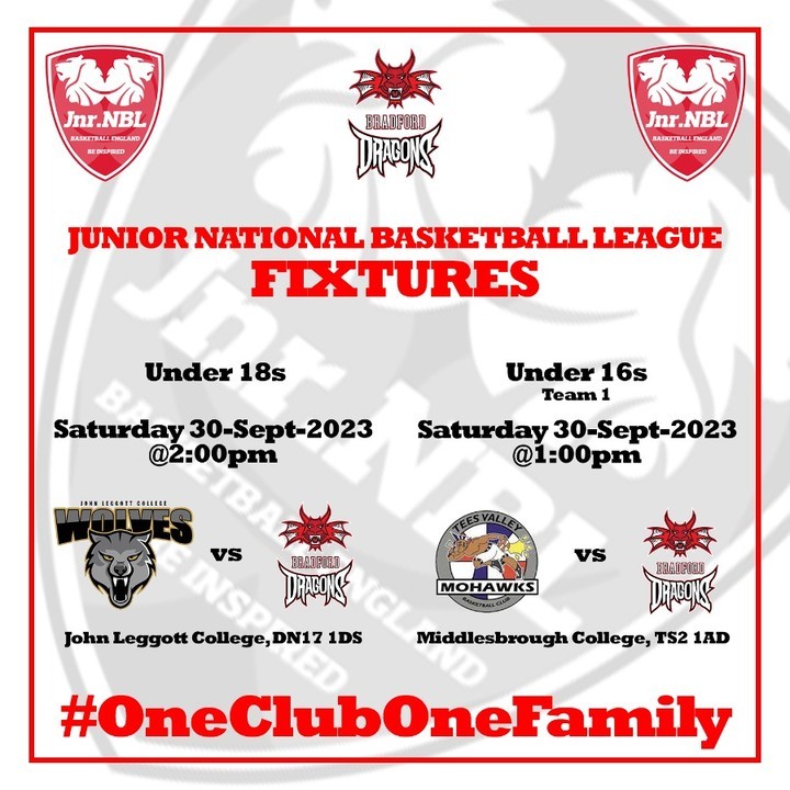 Two Junior NBL fixtures for our teams this weekend, both away from home. #BradfordJuniorDragons #Basketball #OneClubOneFamily #jnbl2324