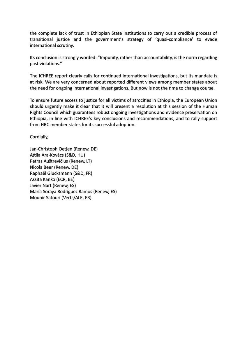 Today, I sent a letter to <a href="/JosepBorrellF/">Josep Borrell Fontelles</a> on #humanrights violations in #ethiopia, spelled out by the #ICHREE report and <a href="/hrw/">Human Rights Watch</a>. The EU must present a resolution at #HCR54 to prolong the mandate of ICHREE to ensure access to justice for all victims of atrocities in Ethiopia. ⬇️