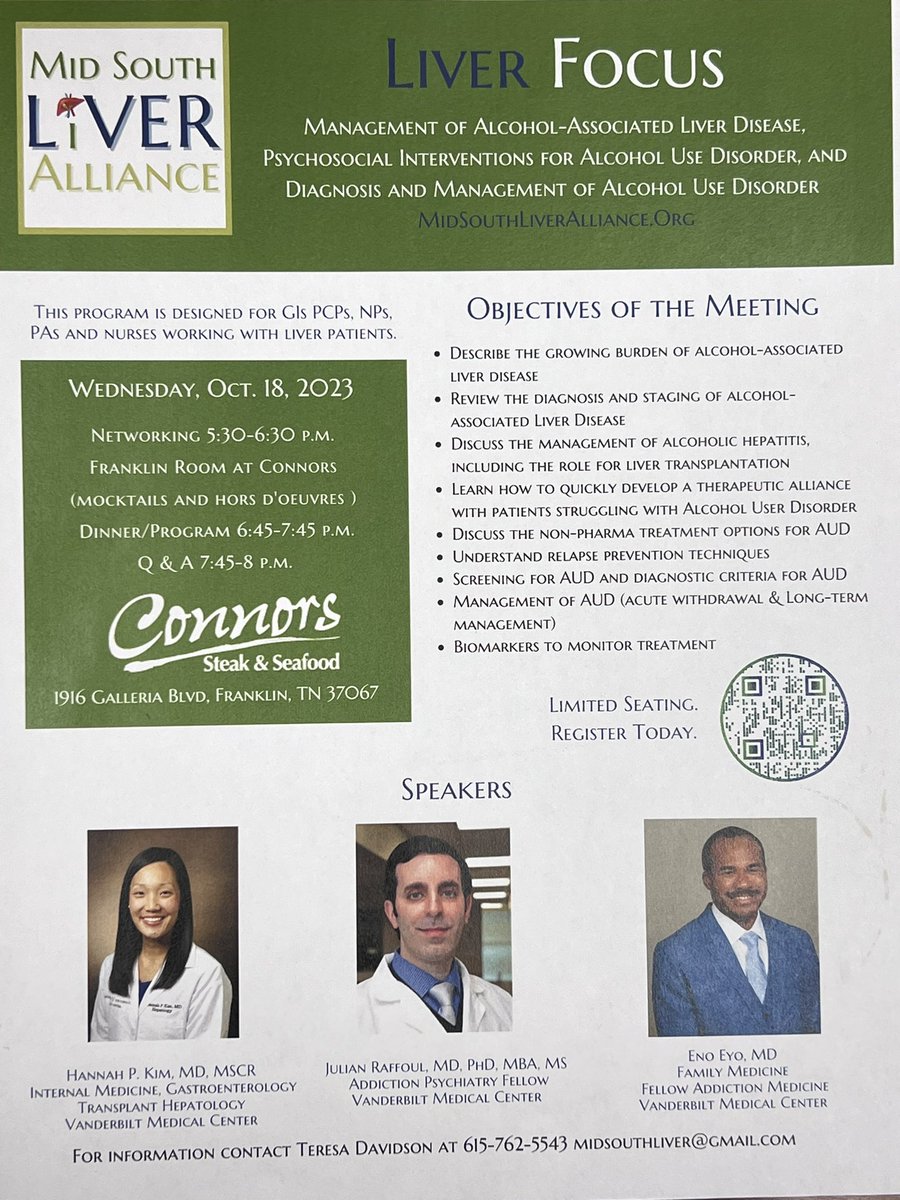 📣Please join @HannahPKimMD on 🗓️ October 18th 2023 for Mid South Liver Alliance Meeting to address a growing 📈 incidence of alcohol-related liver disease. See below for registering! @VUMC_GI @VUMCPsych