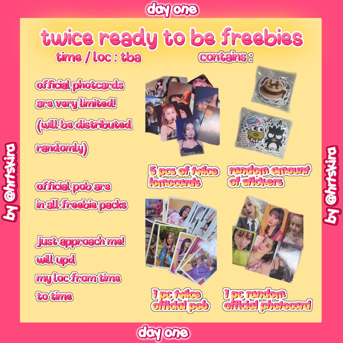 hrtskira's tweet photo. — twice rtb day 1 concert freebies 🤍
🌷 : will be attending d1 (sept 30)
🌷 : loc / time is tba on dd
🌷 : just approach me if ever
🌷 : trades are open
🌷 : official pcs r limited (except pobs)

— mbf + like n rt to spread 🍭
🌷 : will prio moots

#TWICE_5TH_WORLD_TOUR_BULACAN https://t.co/yiql29tfc5