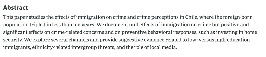 Nicolas_Ajz's tweet photo. Glad to see our paper "Immigration, Crime, and Crime (Mis)Perceptions" with @pdomingr and R. Undurraga finally in print in AEJ: Applied Economics!! 

@AEAjournals

link to the paper: https://t.co/x0EdzACs8r https://t.co/wSFvTWKrtZ