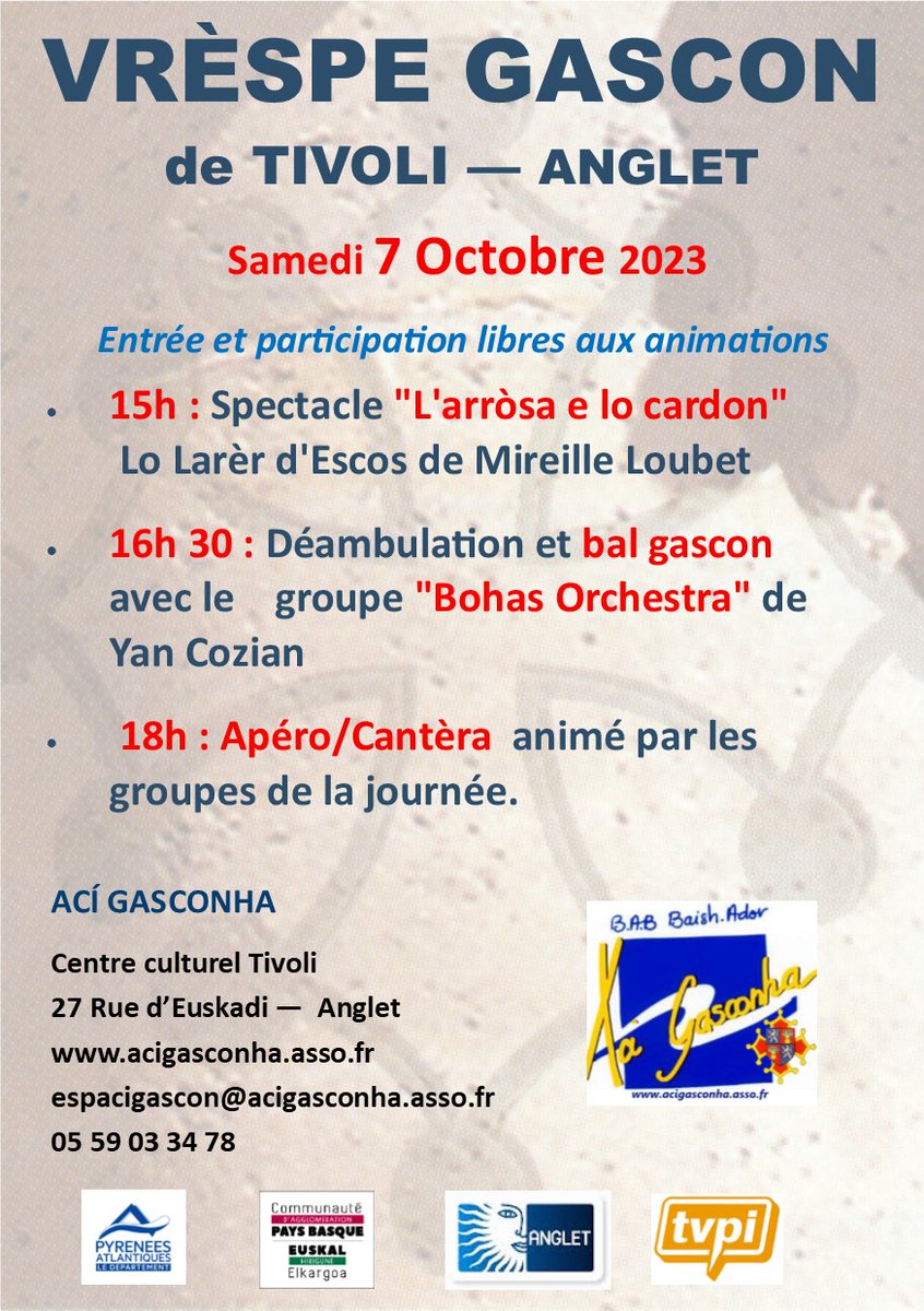 AciGasconha's tweet photo. VRÈSPE GASCON de Tivoli à ANGLET
samedi 7 octobre 
Entrée et participation libres aux animations
Voir programme https://t.co/ptm0vsaRGN https://t.co/v7LMLqVz91