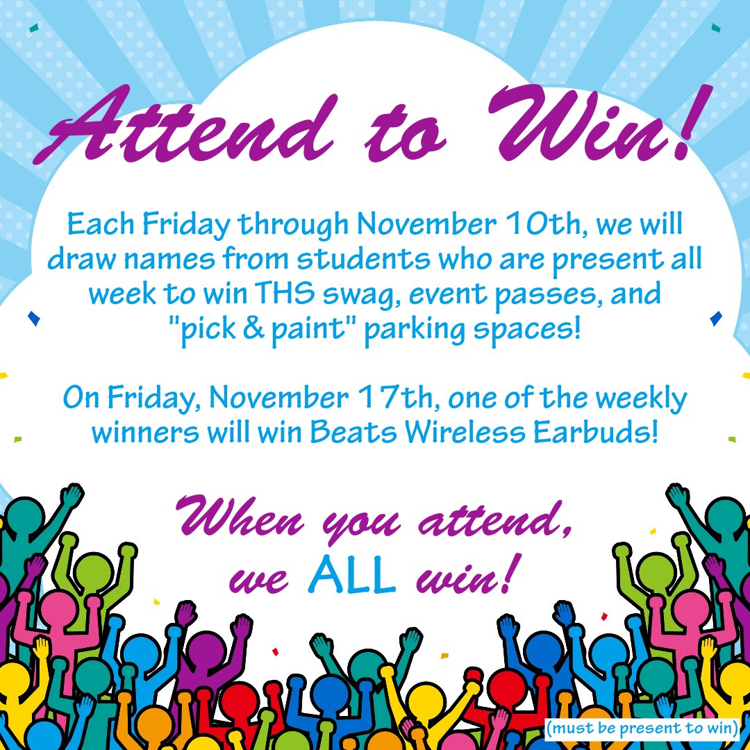 TupeloHigh's tweet photo. Attend to Win starts next week. This first drawing for "Pick &amp; Paint" parking spaces, event passes, and THS swag is Friday, October 6th. Be here to win! #GoWave #TPSD #AttendtoWin https://t.co/wVPKKukycL