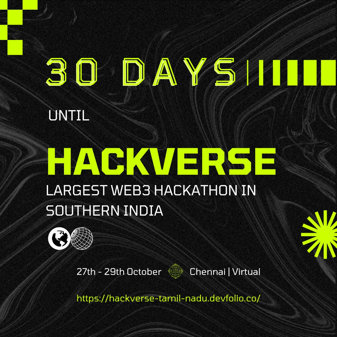 247pmstudio's tweet image. We are just 30 Days away from HackVerse 2.0 - The Largest ever Web3 Hackathon to take place in Tamil Nadu 🚀

Mark the Dates 27 - 29 th Oct&apos;23 🗓️

And get ready to witness some really great products coming out 🌐

Register Now 👇
hackverse-tamil-nadu.devfolio.co