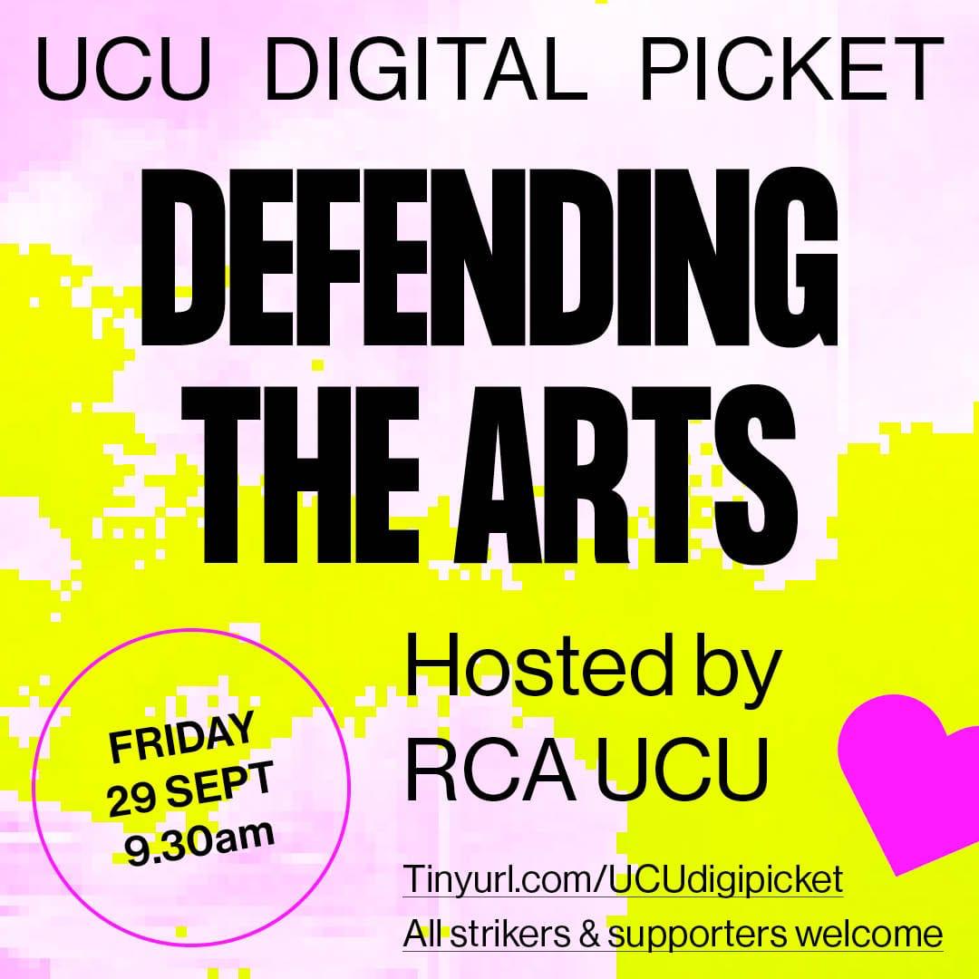 Solidarity with @BrightonUCU! 𝐷𝑒𝑓𝑒𝑛𝑑 𝑡ℎ𝑒 𝐴𝑟𝑡𝑠! 𝗗𝗶𝗴𝗶𝘁𝗮𝗹 𝗽𝗶𝗰𝗸𝗲𝘁 hosted by @RcaUcu Friday 9:30am onwards Register tinyurl.com/UCUdigipicket