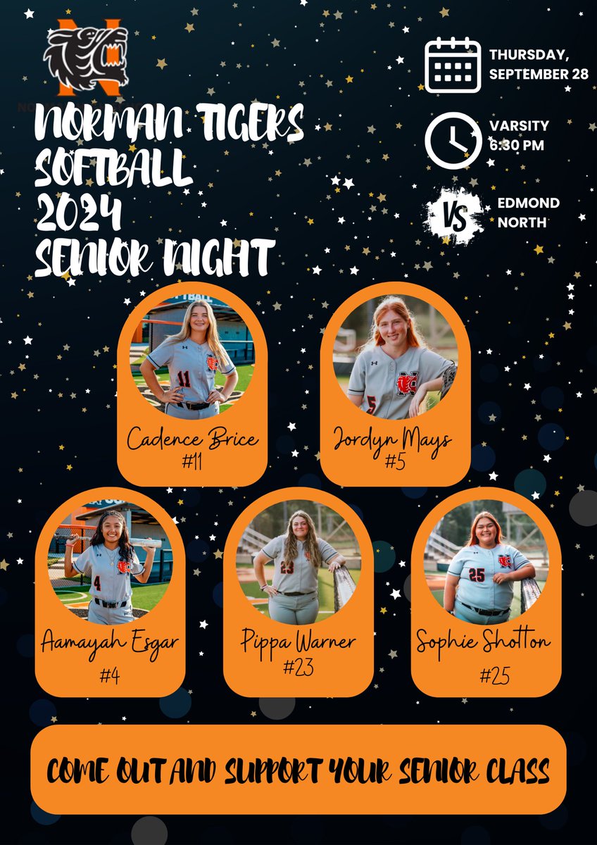 NormanSoftball's tweet photo. 📢GAMEDAY -  SENIOR NIGHT📢
🗓️TONIGHT
⏰6:30
🌎TIGER FIELD 
🥎Edmond North
🧡🖤🤍Come out and support your SENIOR class! 🤍🖤🧡
#seniors2024 #normanhighsoftball https://t.co/DMNSfsug0U