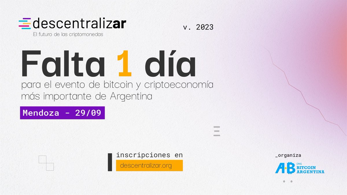 moneyonchainES's tweet image. Mañana será un día genial en #Mendoza #Argentina 🇦🇷 en un evento lleno #Bitcoin y #Criptoeconomia 

¡ #DescentralizAR 2023 @BitcoinAR te espera!

📍Facultad de Ciencias Económicas UNCUYO (Centro Universitario Parque General San Martín) 
🕣 De 08:30 a 18.30 hs

Inscríbete, es