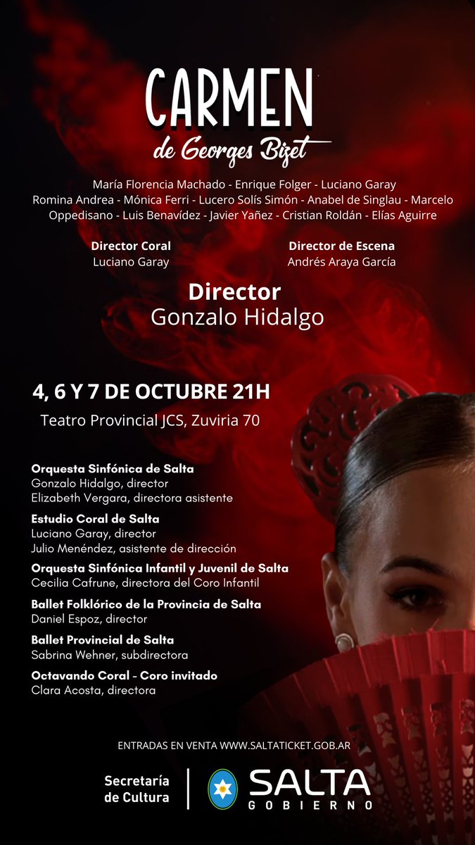 Invitamos a disfrutar de esta maravillosa opera, con gran elenco. Notas de programa, fotos, biografías y anticipos en nuestro Facebook OrquestaSinfonicaDeSalta.gob.ar Los esperamos el 4, 6 y 7 de Octubre en el Teatro Provincial JCS.