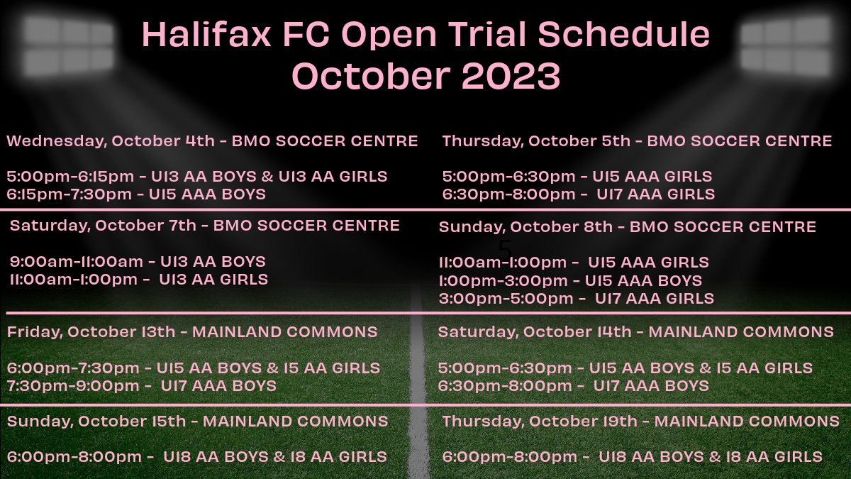 🚨Trial Schedule Announced! 🚨

U13-U18 AA Boys &amp; Girls
U15 &amp; U17 AAA Boys &amp; Girls

Register now at your parent club (CITY/Dunbrack) for access to more information and our Online Presentation! 

#HFC